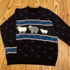 Private Eyes VTG Size M Knit Sweater Sheep Hearts Lambs 80s 90s Made In USA